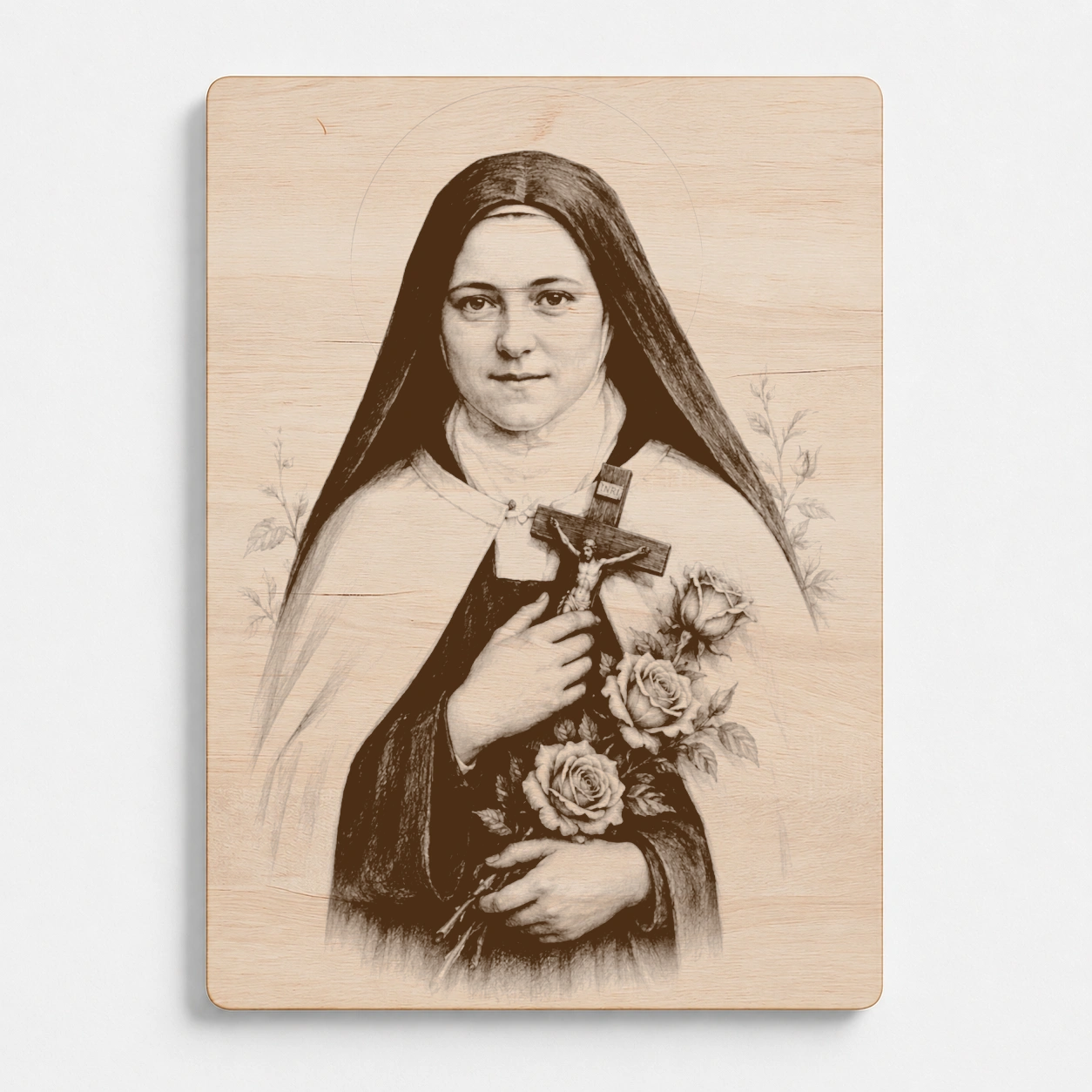 Dřevěný magnet s motivem svaté Terezie z Lisieux, produktová fotografie