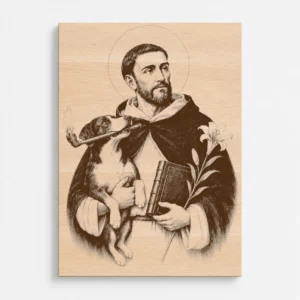 Čelní pohled na gravírovaný obraz svatého Dominika z bukového masivu