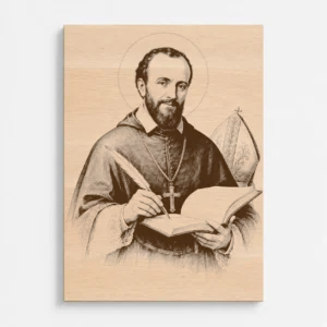 Čelní pohled na gravírovaný obraz s motivem svatého Františka Saleského z bukového masivu