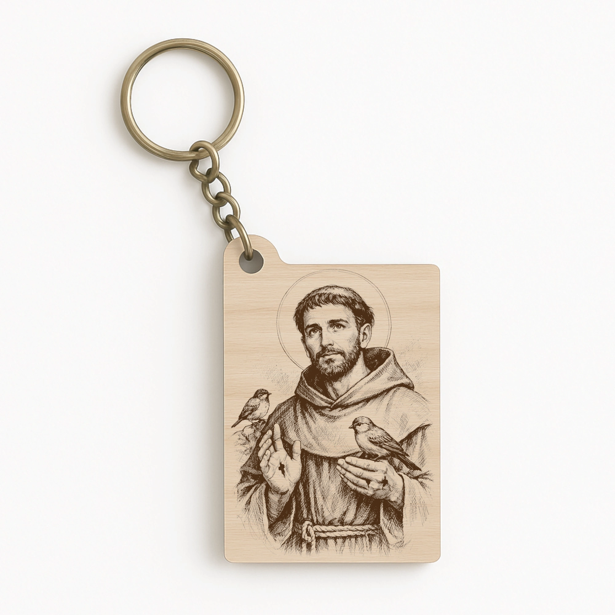 Dřevěná klíčenka s motivem svatého Františka z Assisi, samostatná produktová fotografie
