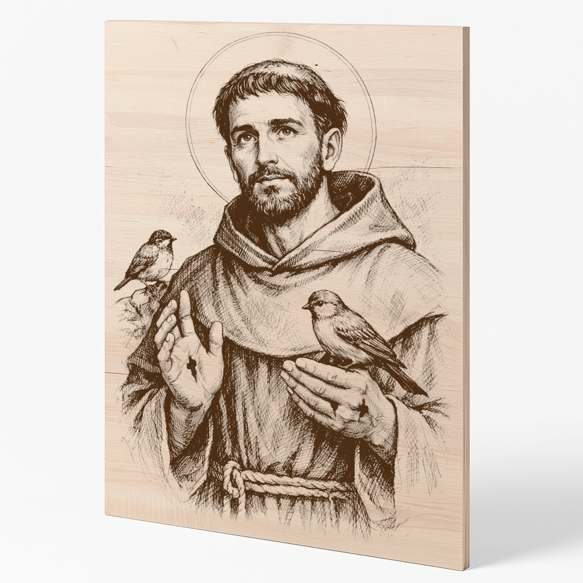 Šikmý pohled na gravírovaný obraz s motivem svatého Františka z Assisi z bukové překližky