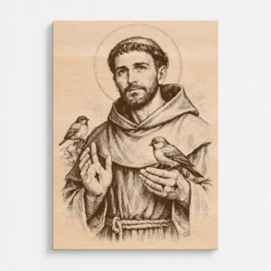 Čelní pohled na gravírovaný obraz s motivem svatého Františka z Assisi z bukového masivu