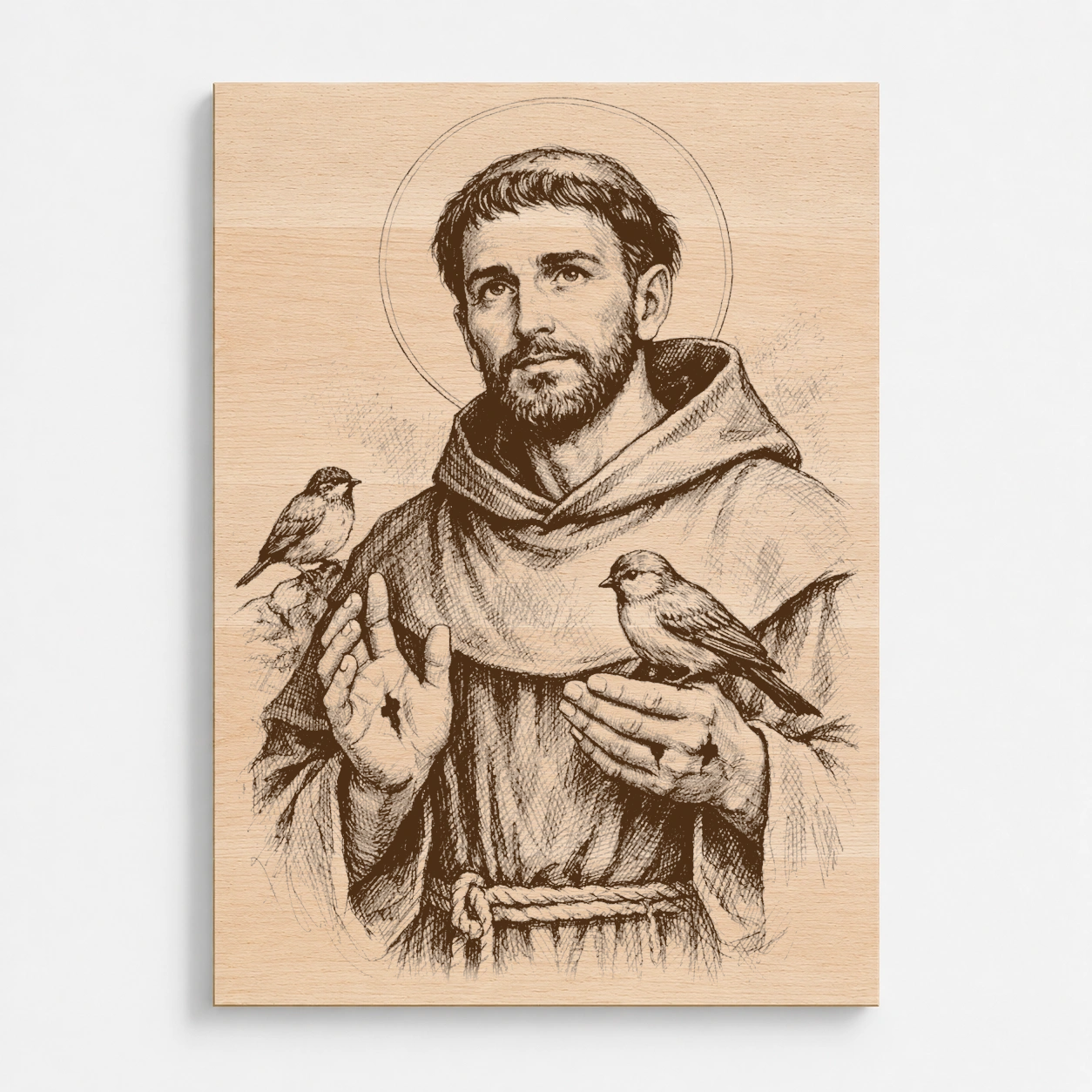 Čelní pohled na gravírovaný obraz s motivem svatého Františka z Assisi z bukového masivu
