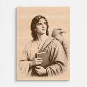 Čelní pohled na gravírovaný obraz svatého Jana Evangelisty z bukového masivu