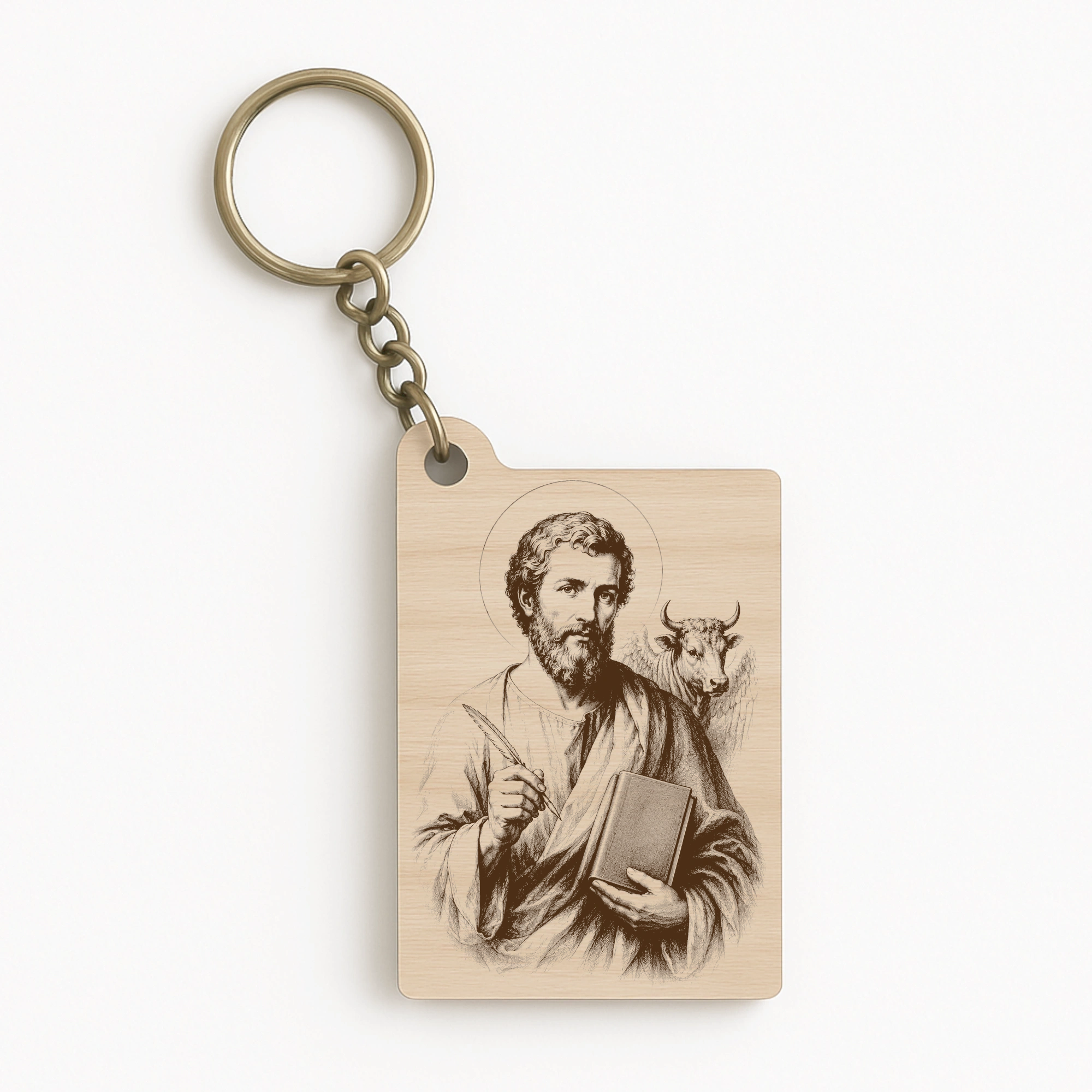 Dřevěná klíčenka s motivem svatého Lukáše evangelisty, produktová fotografie