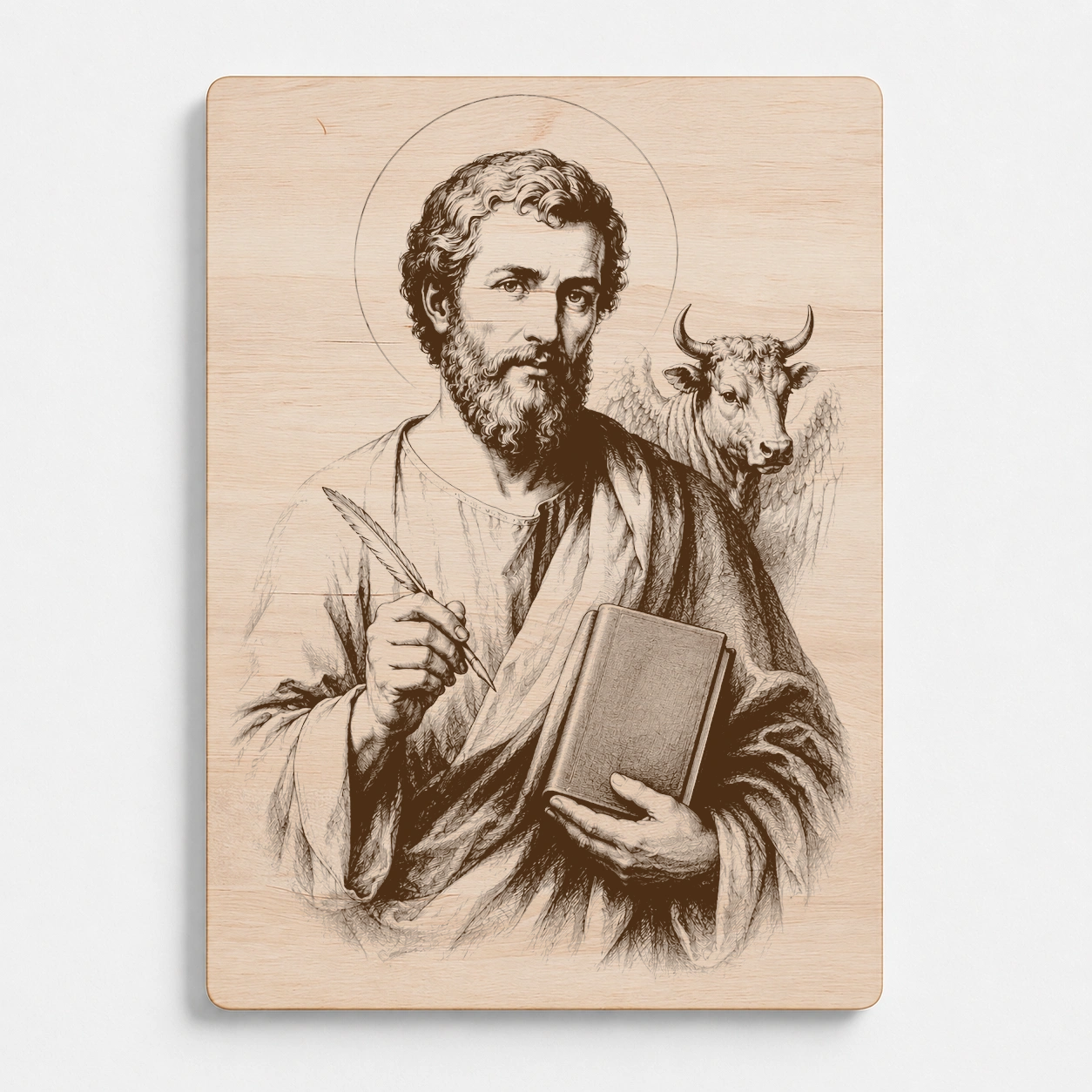 Dřevěný magnet s motivem svatého Lukáše evangelisty, produktová fotografie