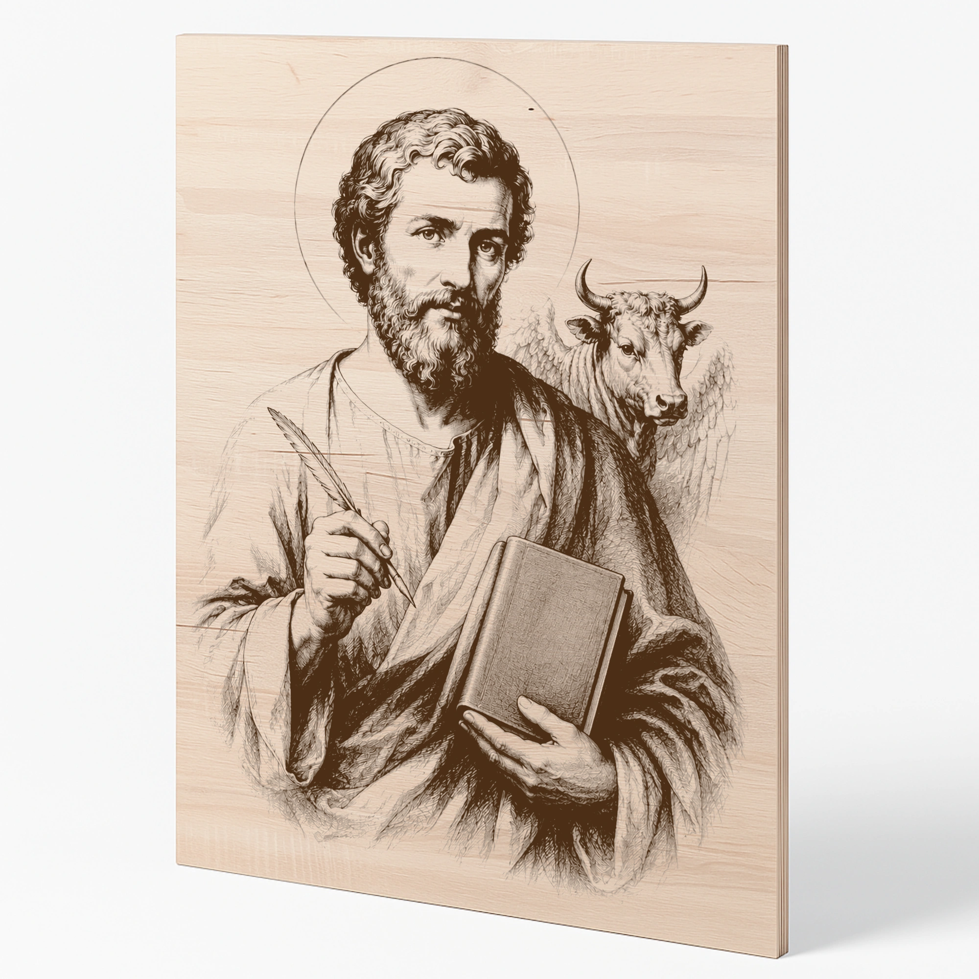 Šikmý pohled na gravírovaný obraz svatého Lukáše evangelisty z bukové překližky
