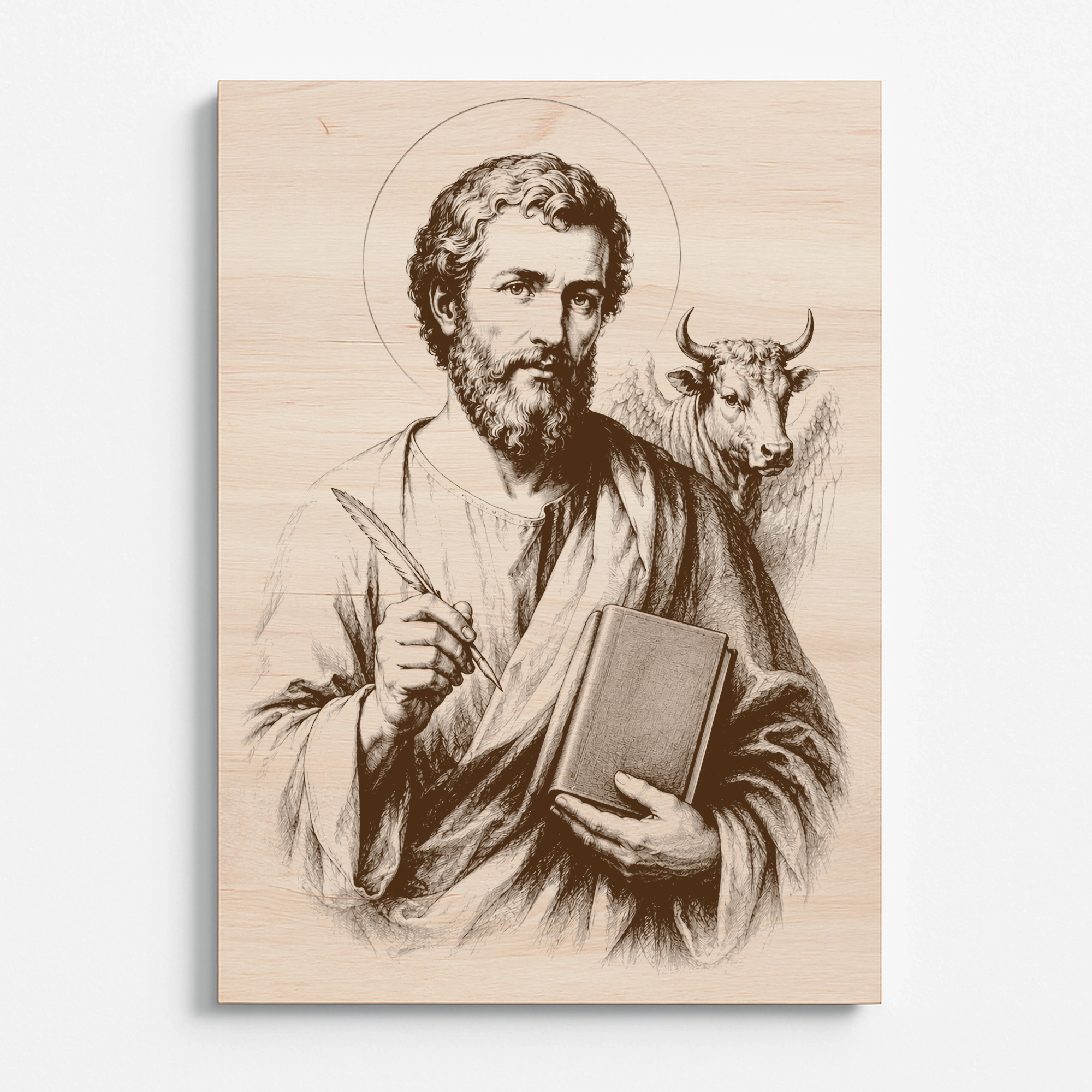 Gravírovaný obraz svatého Lukáše evangelisty na bukové překližce při pohledu zepředu