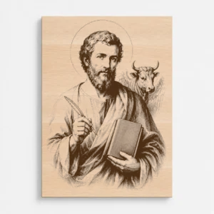 Čelní pohled na gravírovaný obraz svatého Lukáše evangelisty z bukového masivu