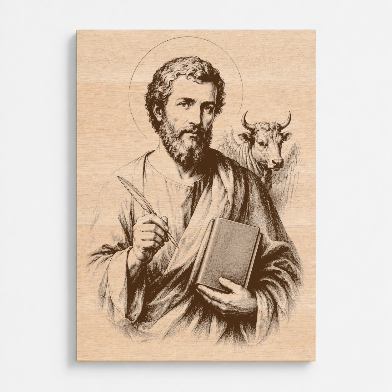 Čelní pohled na gravírovaný obraz svatého Lukáše evangelisty z bukového masivu