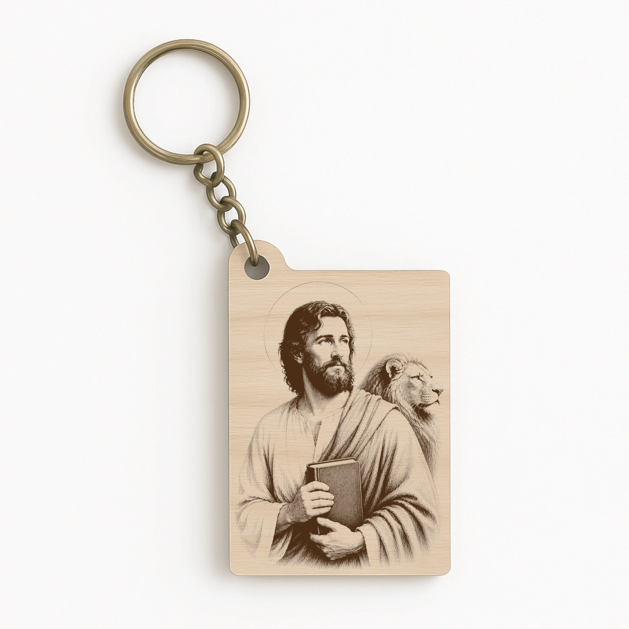 Dřevěná klíčenka s motivem svatého Marka evangelisty, samostatná produktová fotografie