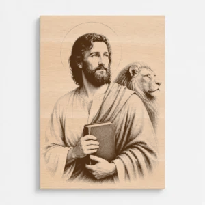 Čelní pohled na gravírovaný obraz s motivem svatého Marka evangelisty z bukového masivu