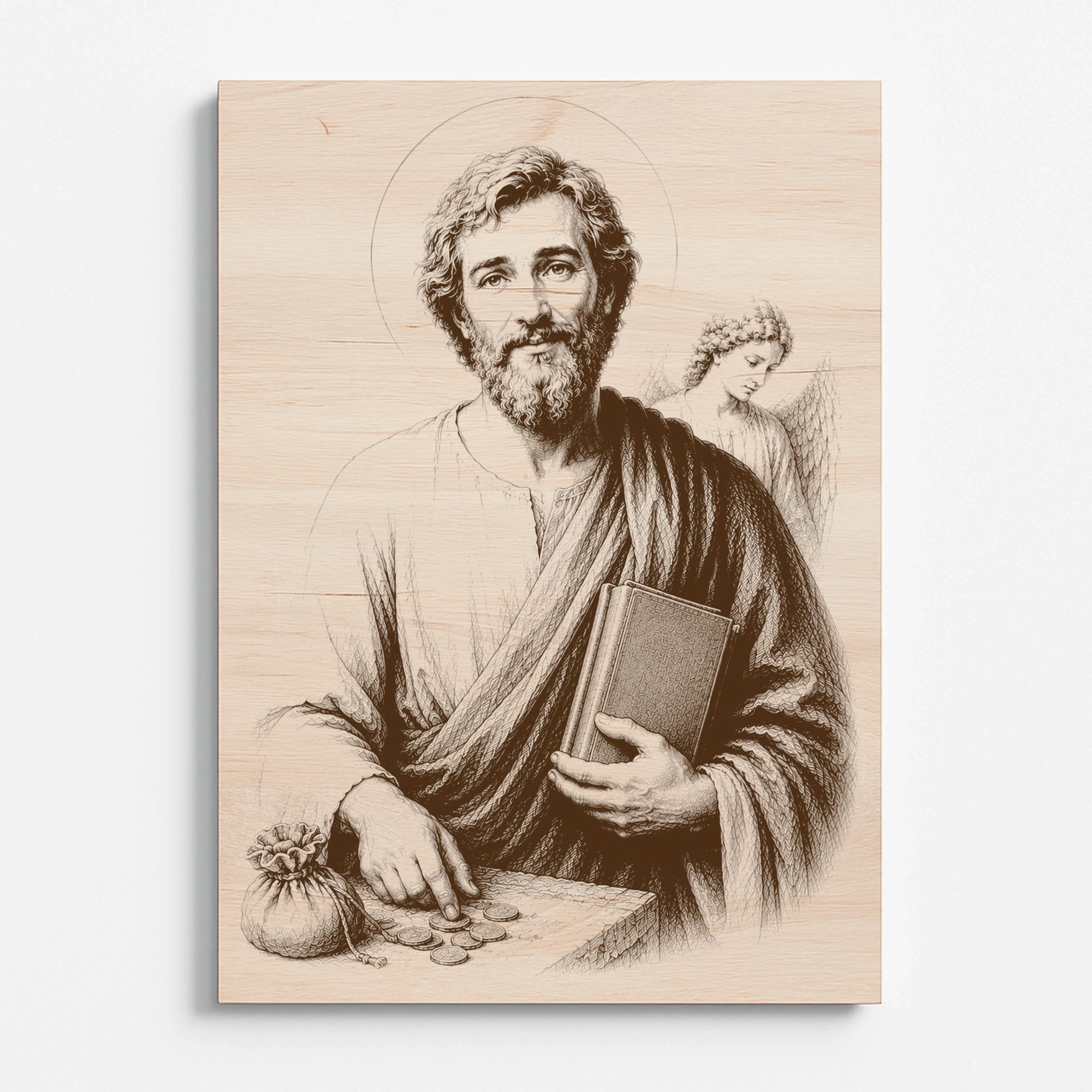 Gravírovaný obraz s motivem svatého Matouše evangelisty na bukové překližce při pohledu zepředu