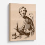 Gravírovaný obraz s motivem svatého Matouše evangelisty z bukového masivu, šikmý pohled na kresbu a tloušťku dřeva