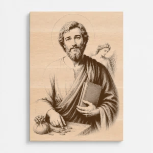 Čelní pohled na gravírovaný obraz s motivem svatého Matouše evangelisty z bukového masivu