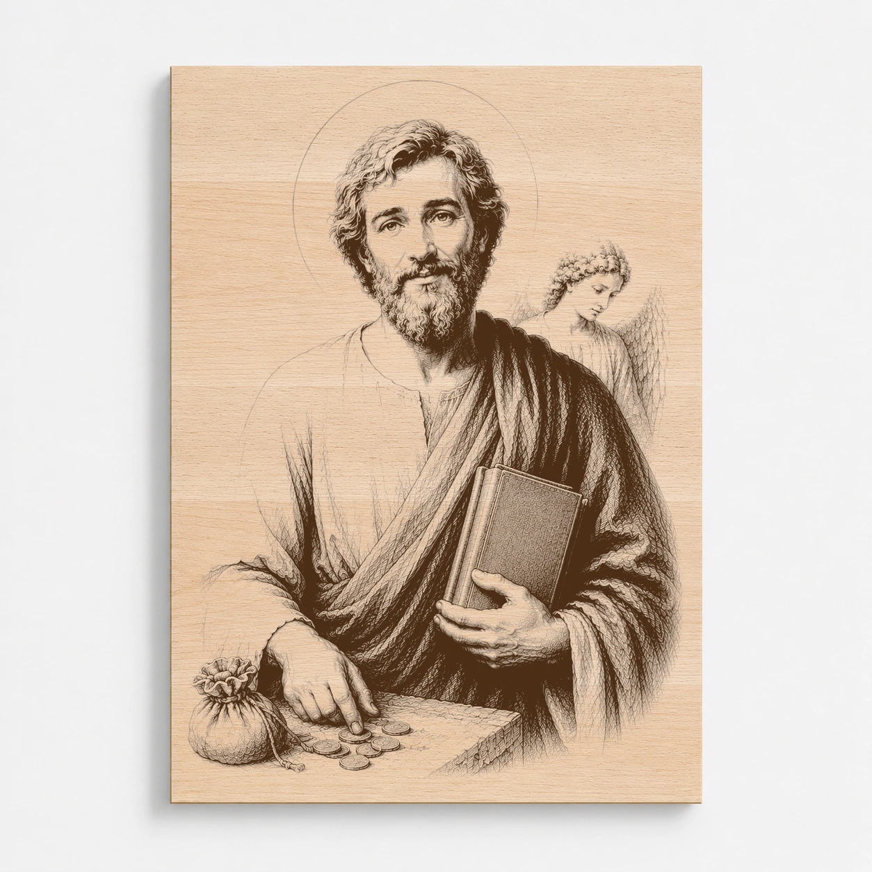 Čelní pohled na gravírovaný obraz s motivem svatého Matouše evangelisty z bukového masivu