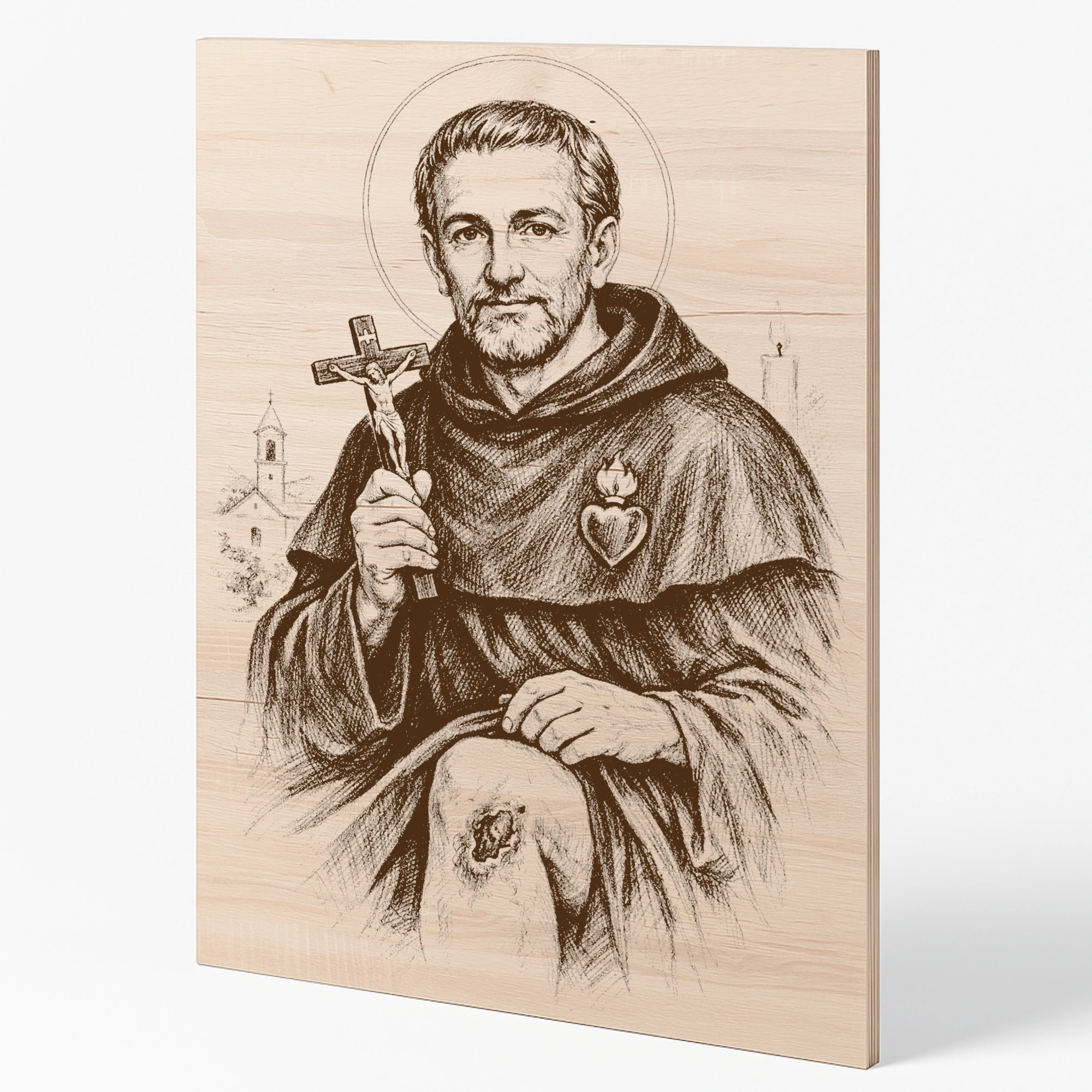 Šikmý pohled na gravírovaný obraz s motivem svatého Peregrina Laziosi z bukové překližky