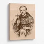 Gravírovaný obraz s motivem svatého Peregrina Laziosi z bukového masivu, šikmý pohled na kresbu a tloušťku dřeva
