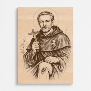 Čelní pohled na gravírovaný obraz s motivem svatého Peregrina Laziosi z bukového masivu