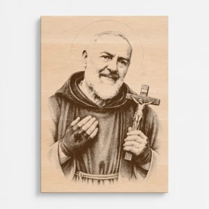 Čelní pohled na gravírovaný obraz s motivem svatého Pia z Pietrelciny, Padre Pia z bukového masivu