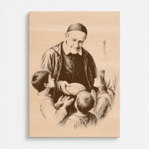 Čelní pohled na gravírovaný obraz svatého Vincenta de Paul z bukového masivu